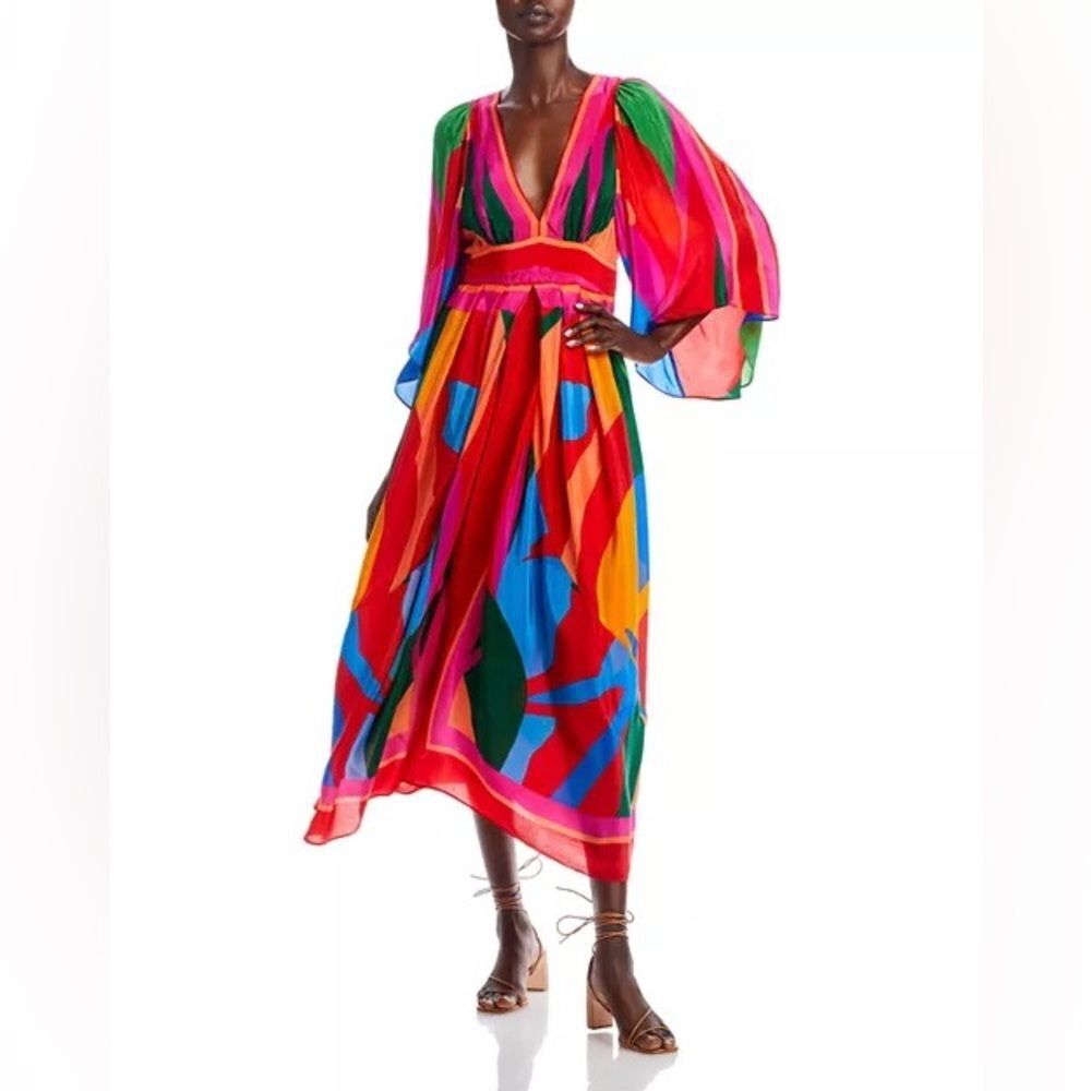 Farm Rio Colorful Leaves Midi Dress Size Small Scarf Multicolor Resortwear NWT